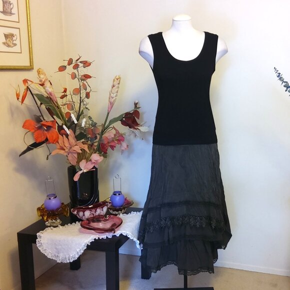 NWT Women Olive Green 3-Layers of Tiered Ruffle Lace Design Midi Skirts L 12 - Picture 14 of 15